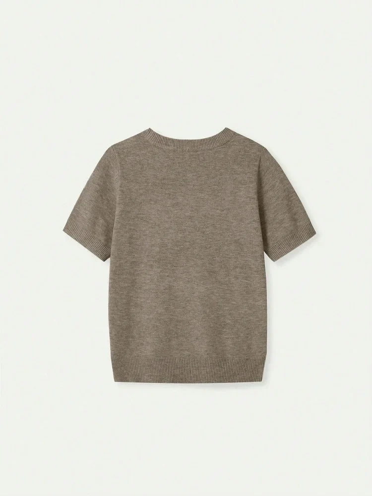 Women's solid-color short-sleeve crew-neck knitted T-shirt