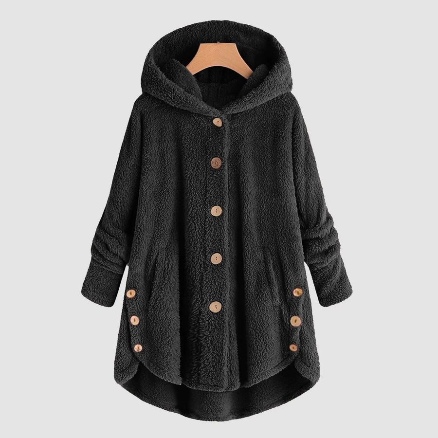Manteau à Capuche Doux Femme, Boutons et Ourlet Asymétrique, Plusieurs Couleurs