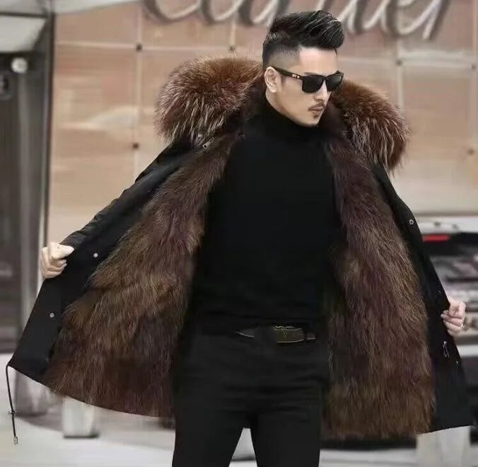 Parka nero da uomo con fodera spessa in finta pelliccia e cappuccio con bordo in pelliccia