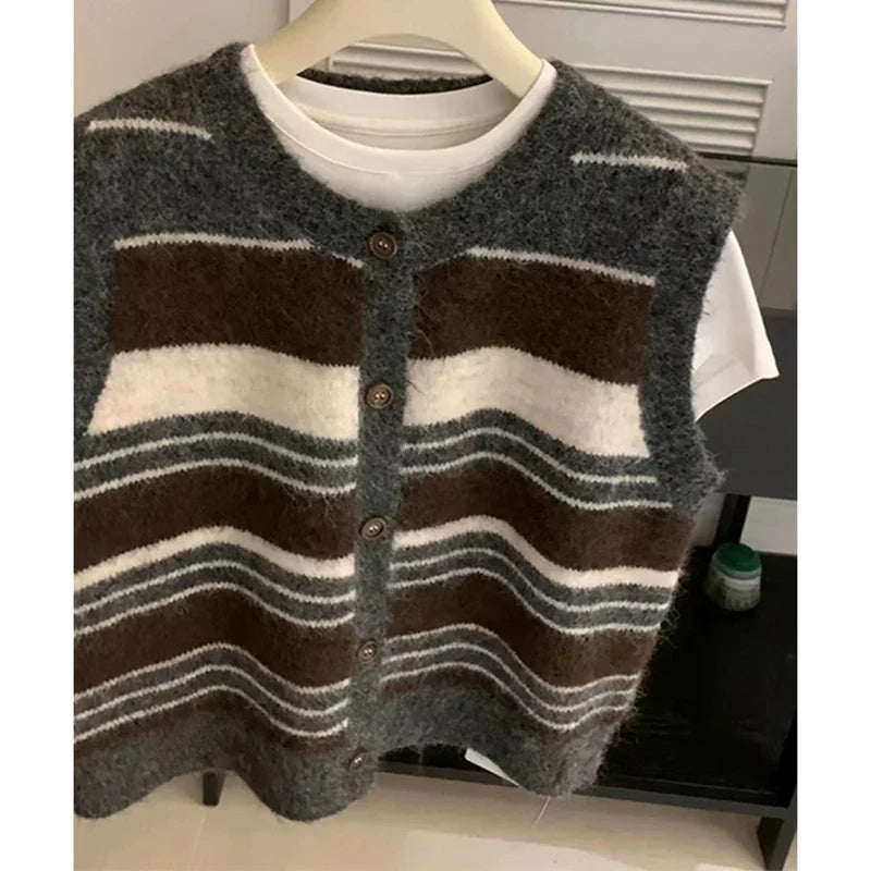 Gilet sans manches Femme rayé Col Rond Boutonné Gris Marron Blanc