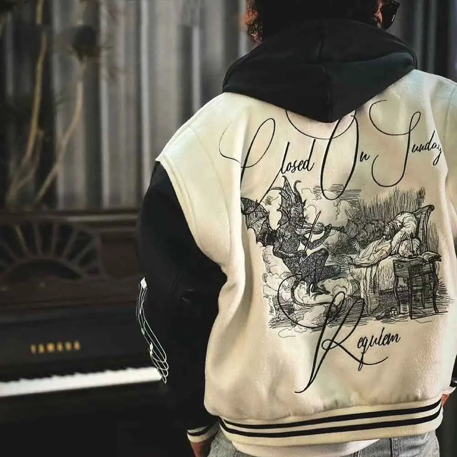 Men's two-tone bomber jacket with assorted prints and contrasting sleeves