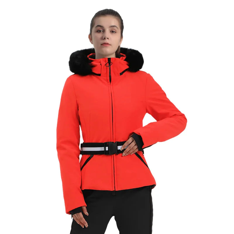 Veste de Ski Femme Motif Pied-de-Poule Noir et Beige avec Capuche et Ceinture