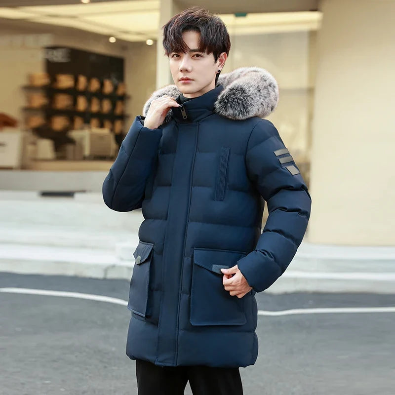Men's Long Hooded Puffer Jacket with Removable Fur Trim, Casual Style