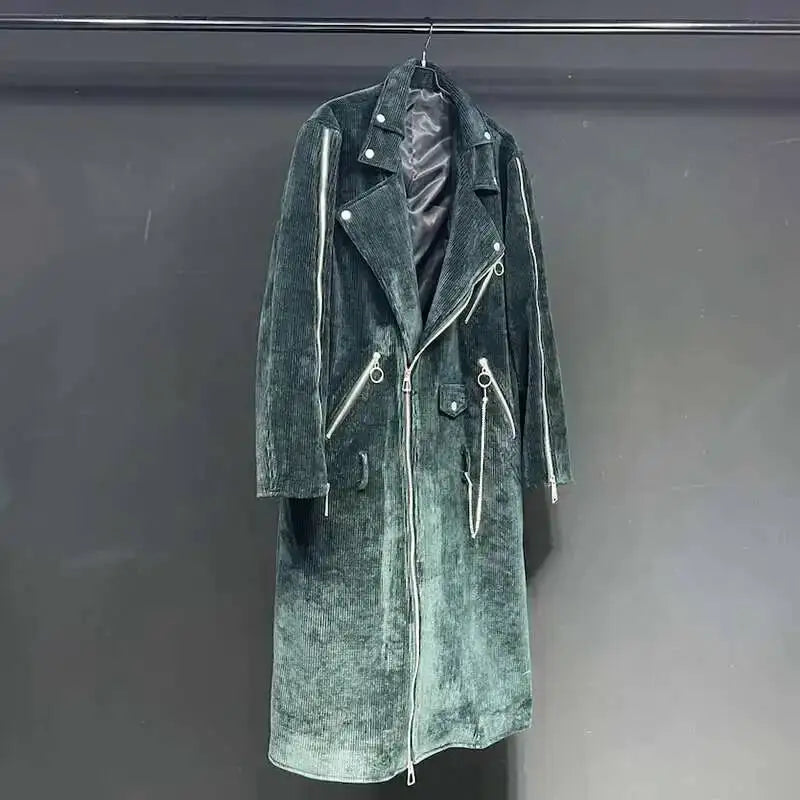 Abrigo largo acanalado verde oscuro para hombre, de estilo motero y con cremallera