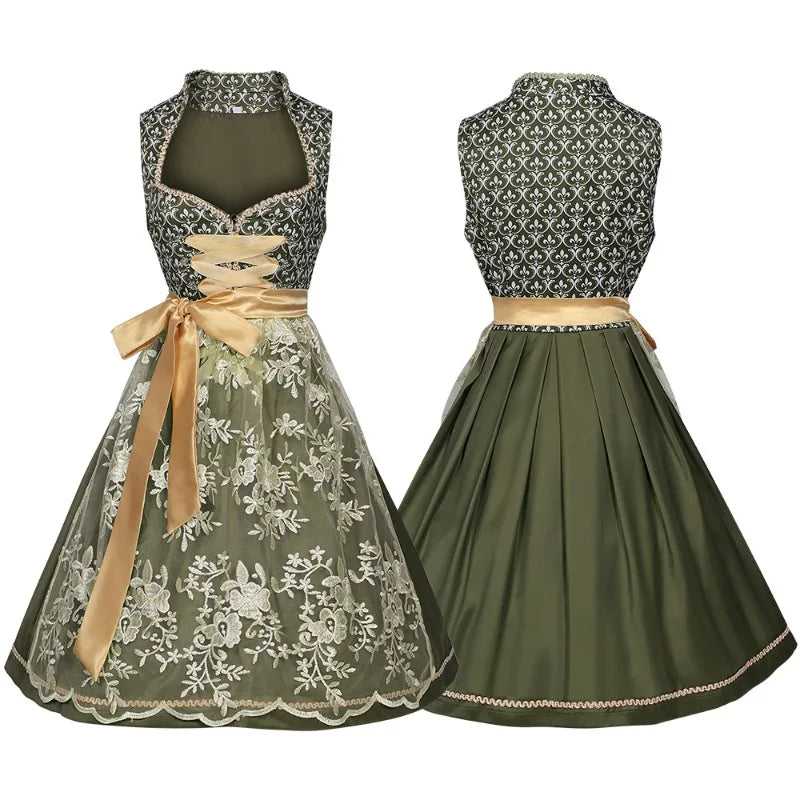 Traditionel dirndl-kjole til kvinder i olivengrøn med gylden sløjfe og blomsterbroderier