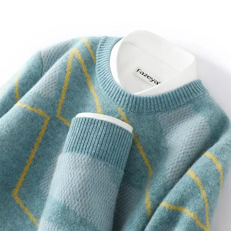 Męski sweter z dzianiny w romby, okrągły dekolt, długie rękawy