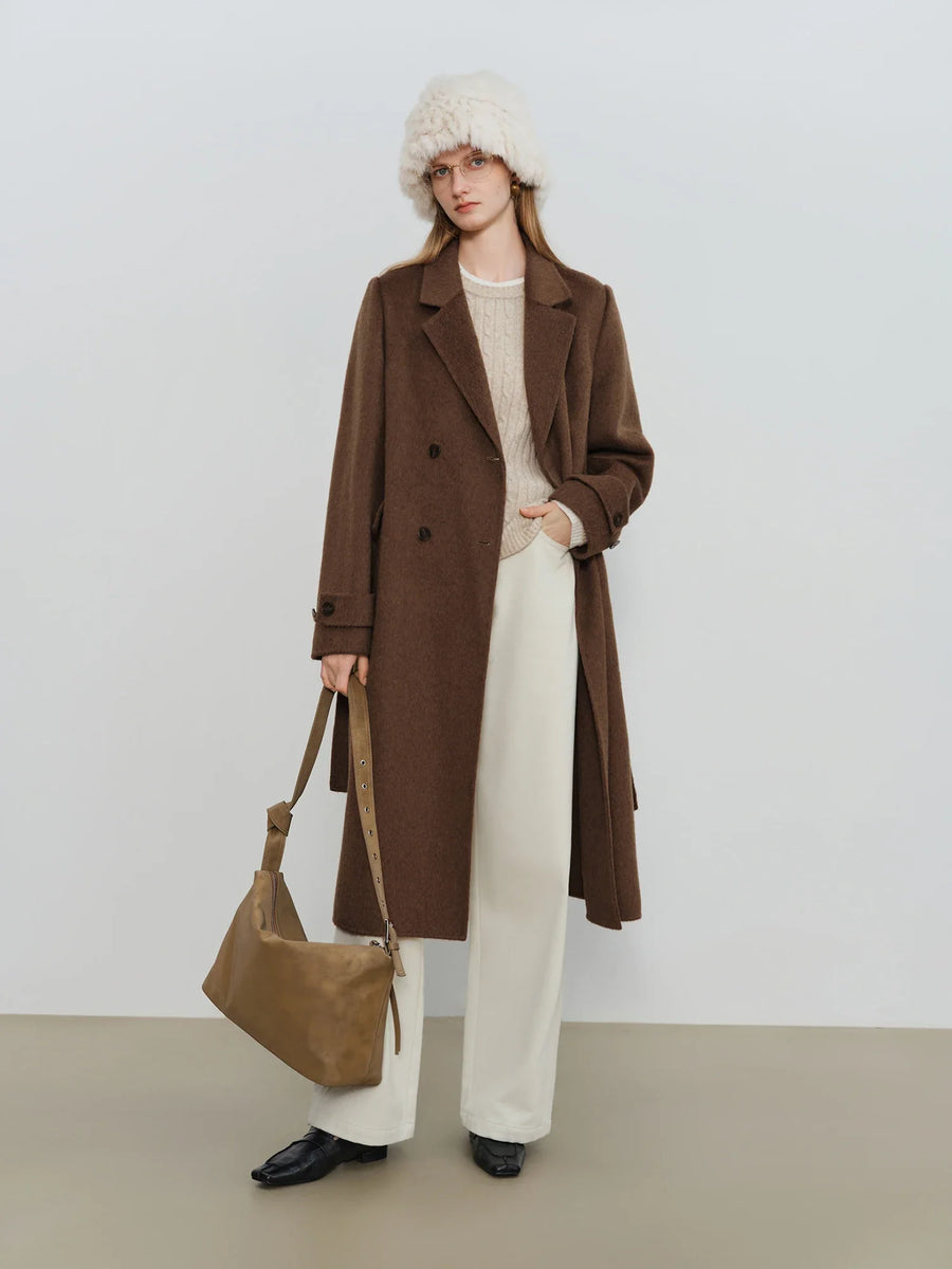 Manteau long femme croisé en tissu doux avec col à revers