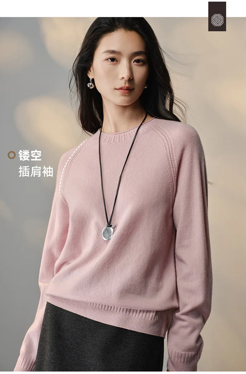 Jersey de cuello redondo para mujer, de punto fino, corte recto y mangas largas raglán