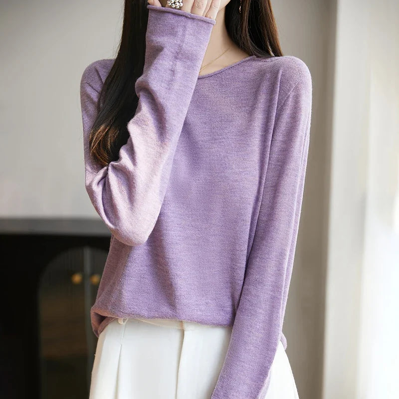 Suéter fino informal de mujer, de manga larga, cuello redondo y color liso