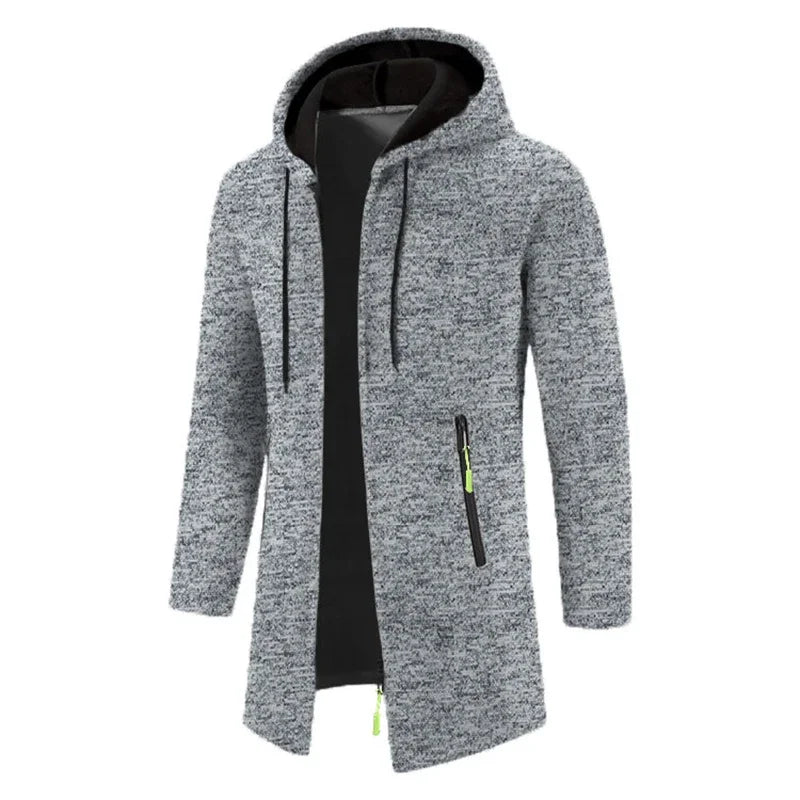 Manteau long homme style cardigan à capuche mélangée avec poches zippées