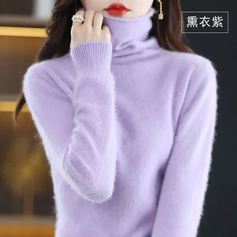 Pull col roulé femme en tricot doux, manches longues uni