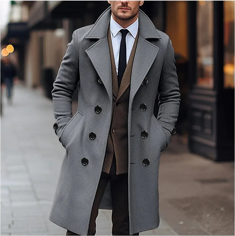 Manteau long homme croisé gris avec col large - Style classique élégant