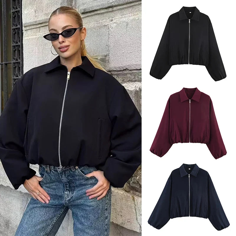 Women's Plain Short Women's Jacket with Zipper and Classic Collar