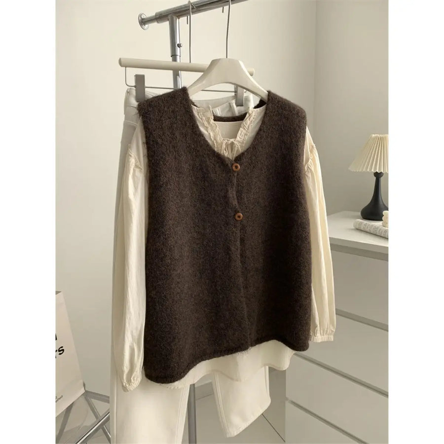 Gilet sans manches en maille col V pour femme, boutons décoratifs