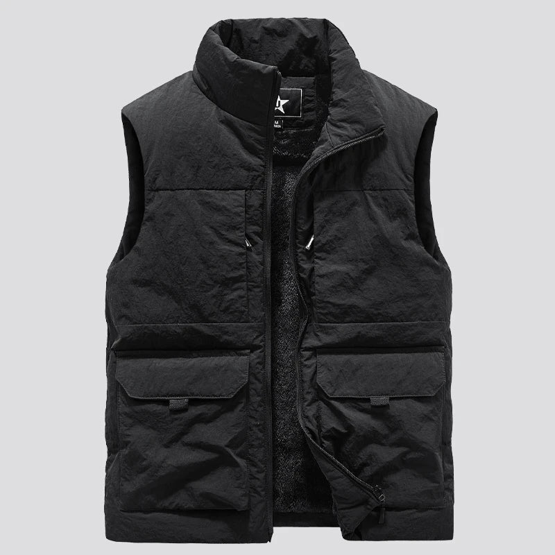 Gilet Doudoune Homme Chaud Col Montant Poches à Rabat Beige