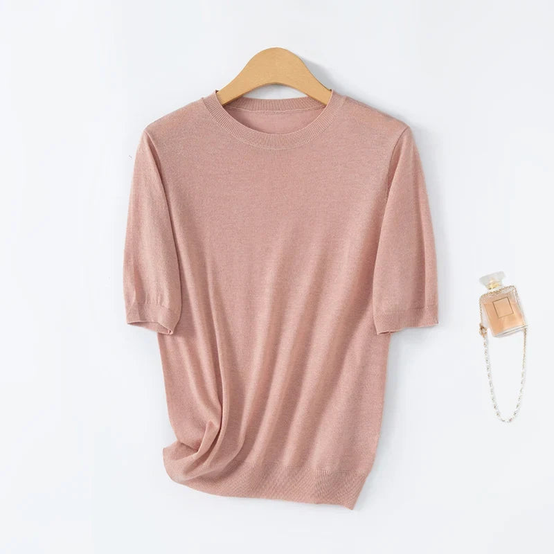 T-shirt casual da donna in maglia a maniche corte con collo rotondo e tinta unita