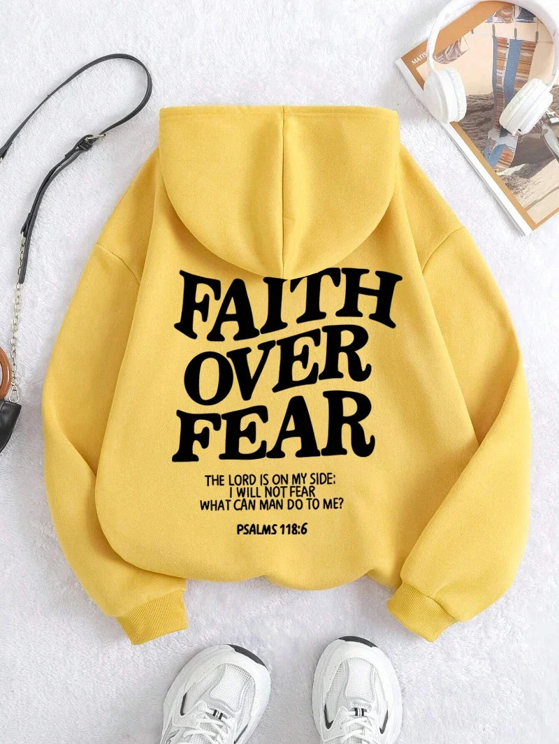Felpa con cappuccio unisex a tinta unita con stampa "Faith Over Fear"