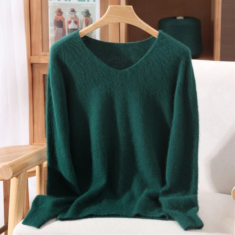Maglione donna confortevole a collo a V, con maniche lunghe, in materiale morbido