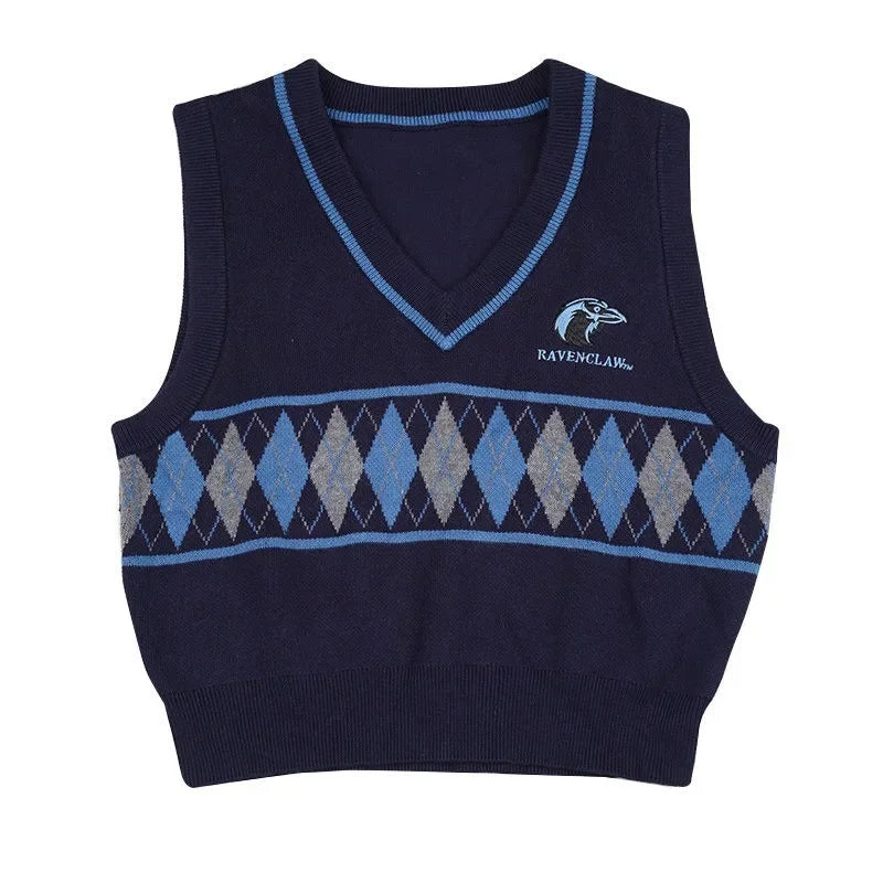 Gilet sans manches tricoté col V à motif losanges style preppy pour femme
