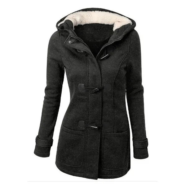 Duffle coat da donna nero con cappuccio foderato in pelliccia e alamari