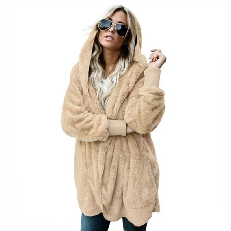 Gilet long femme doux à capuche uni avec poches