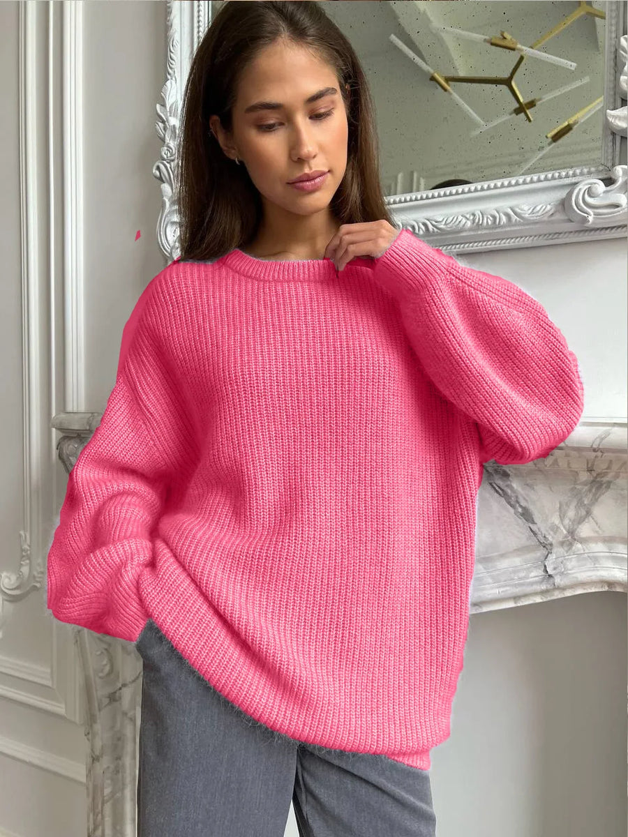 Jersey holgado de punto de canalé para mujer, con cuello redondo y mangas largas