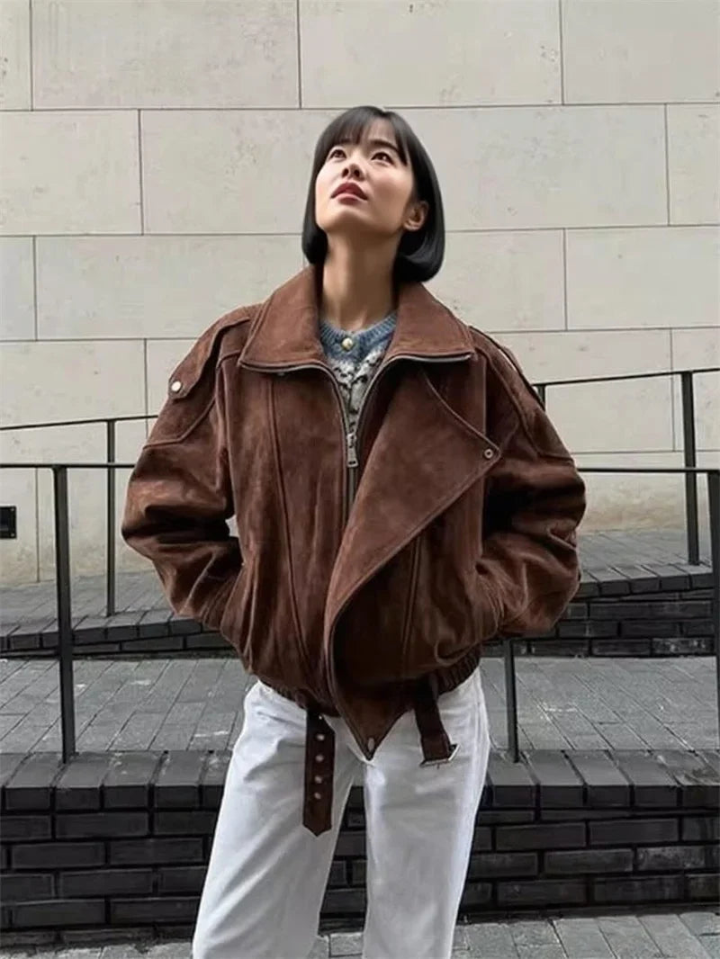 Women's oversized aviator jacket in dark brown with asymmetrical closure