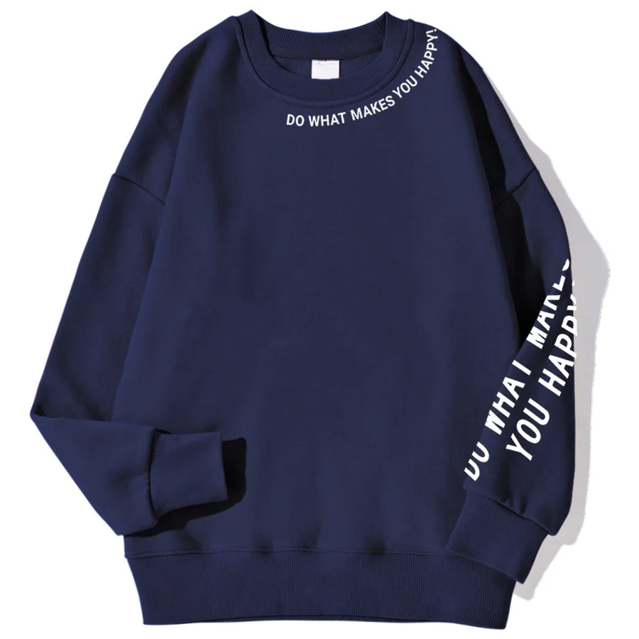 Sweatshirt til kvinder med rund hals, tekst på ærmer og skulder: "DO WHAT MAKES YOU HAPPY"