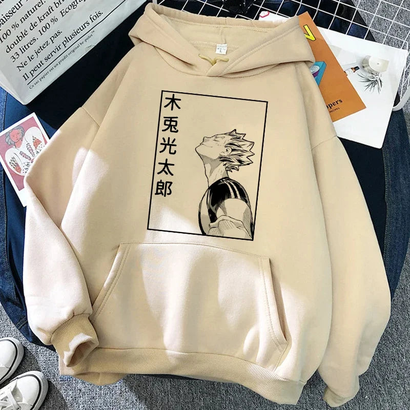 Unisex hettegenser med Haikyuu-grafikktrykk, avslappet stil