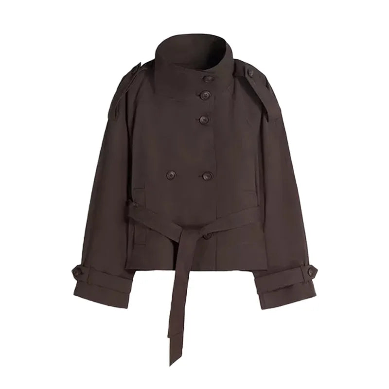 Kurze zweireihige Damenjacke mit Stehkragen und Gürtel
