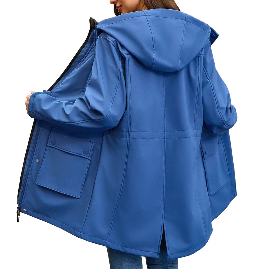 Vanntett parkas for kvinner med hette og lommer, mellomlang
