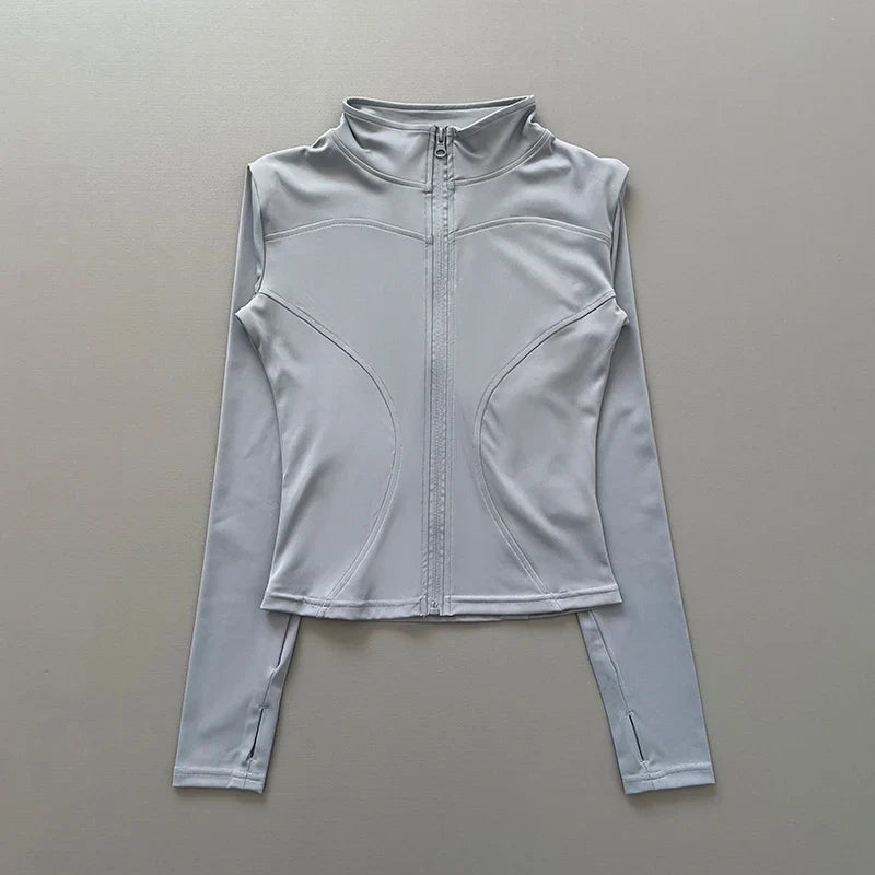 Chaqueta deportiva con cremallera para mujer, cuello alto, mangas largas y orificios para los pulgares, para entrenar