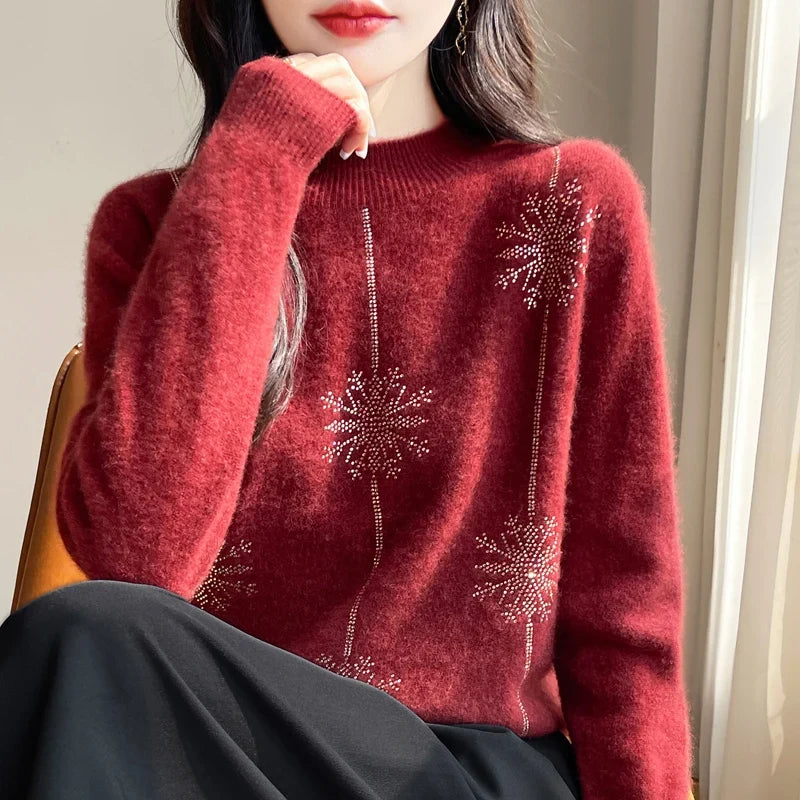 Jersey rojo de cuello alto para mujer con motivos de copos de nieve y strass, de manga larga