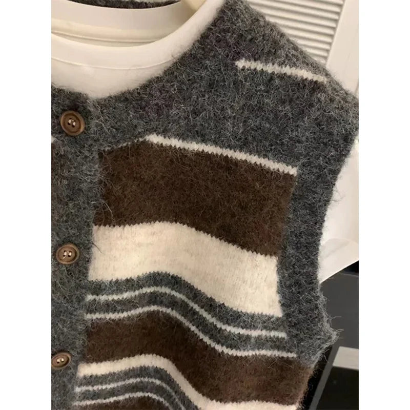 Gilet sans manches Femme rayé Col Rond Boutonné Gris Marron Blanc