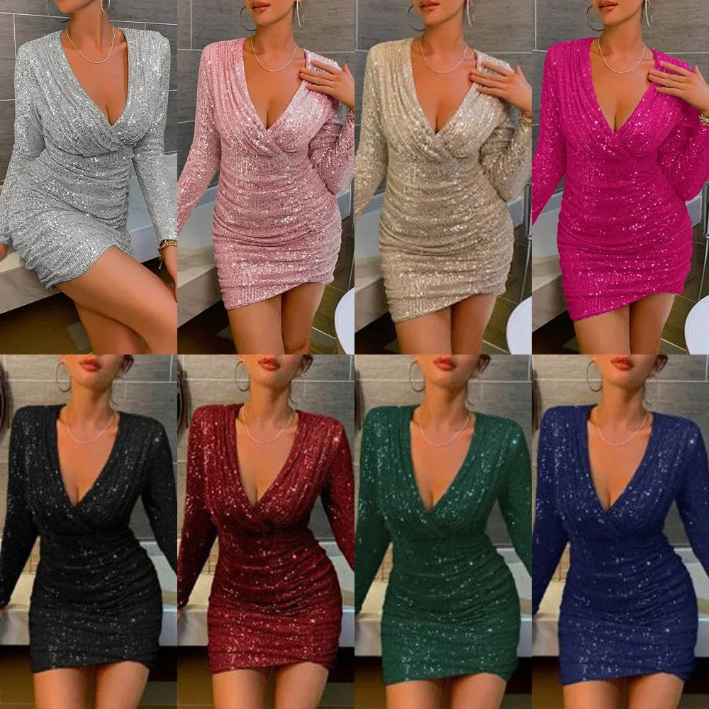 Robe de soirée femme élégante à sequins, col plongeant, manches longues, style glamour