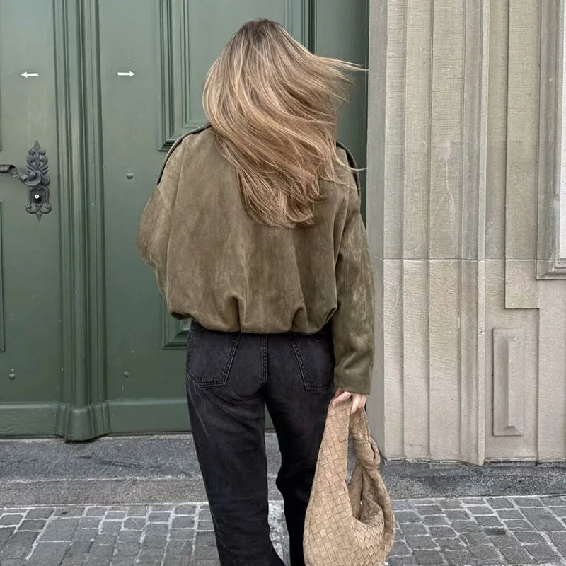Veste courte style aviateur femme kaki col classique manches longues