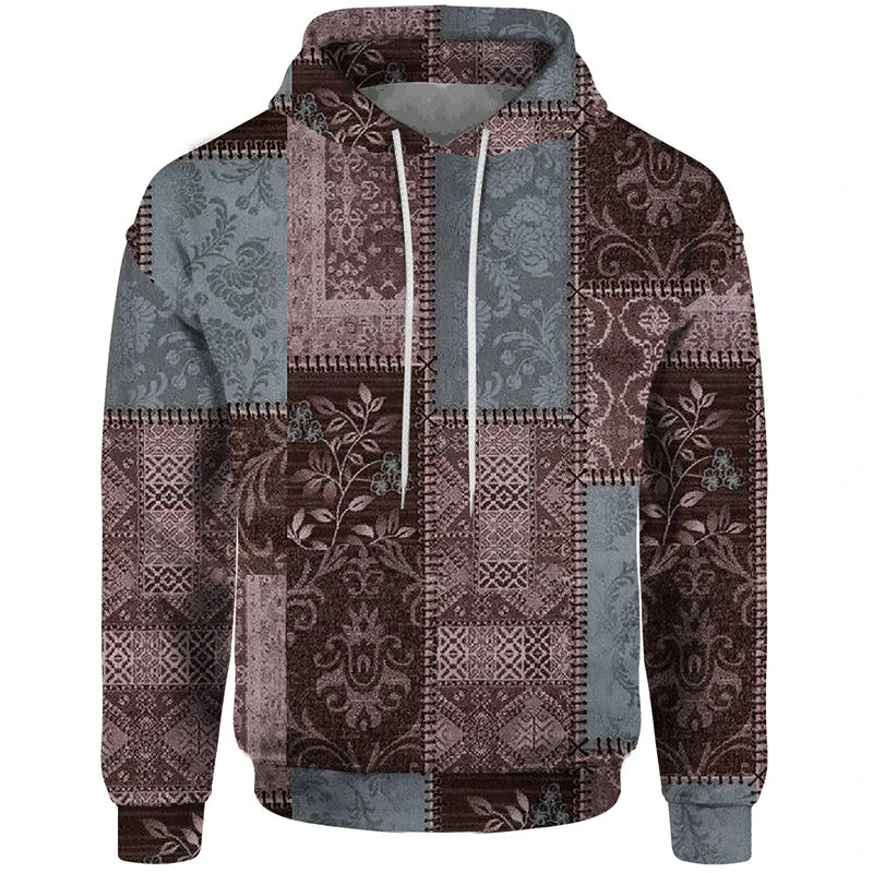 Sudadera con capucha estampada de patchwork con motivos geométricos y florales rojos y beige