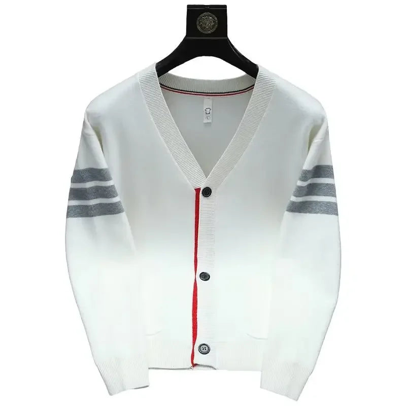 Men's button-up V-neck cardigan with sleeve stripes and tricolor details
