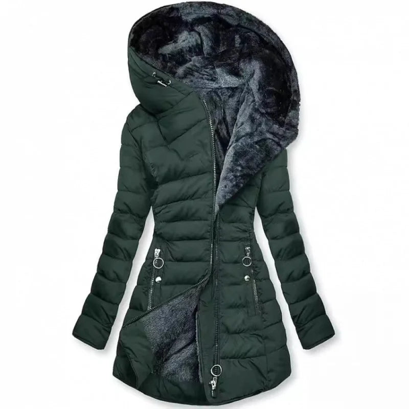 Women's long quilted puffer jacket with faux-fur-lined hood and decorative zippers