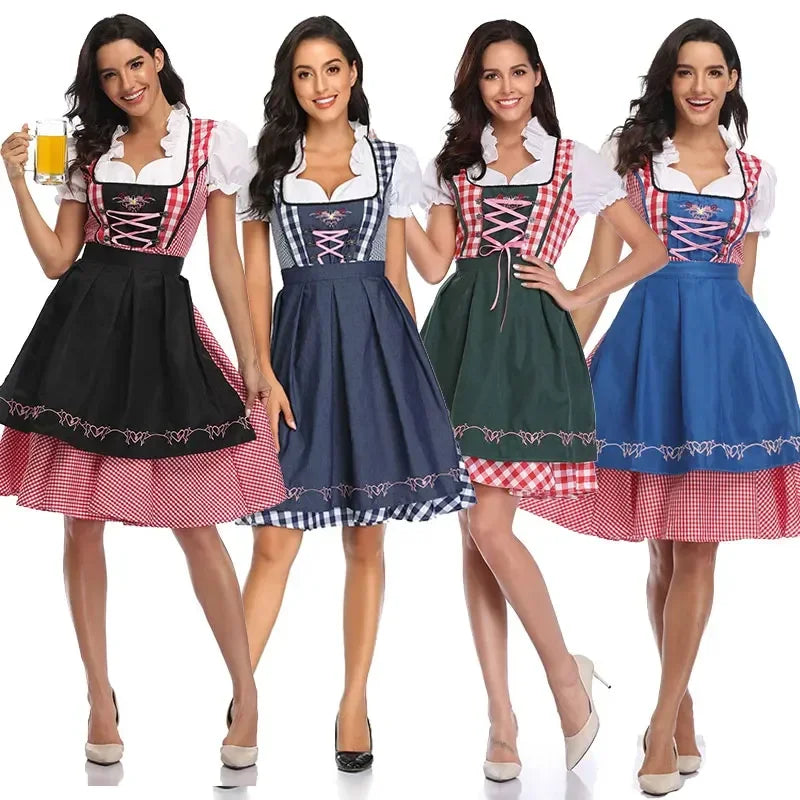 Traditionel dirndl-kjole med ternet mønster, korset og forklæde til kvinder