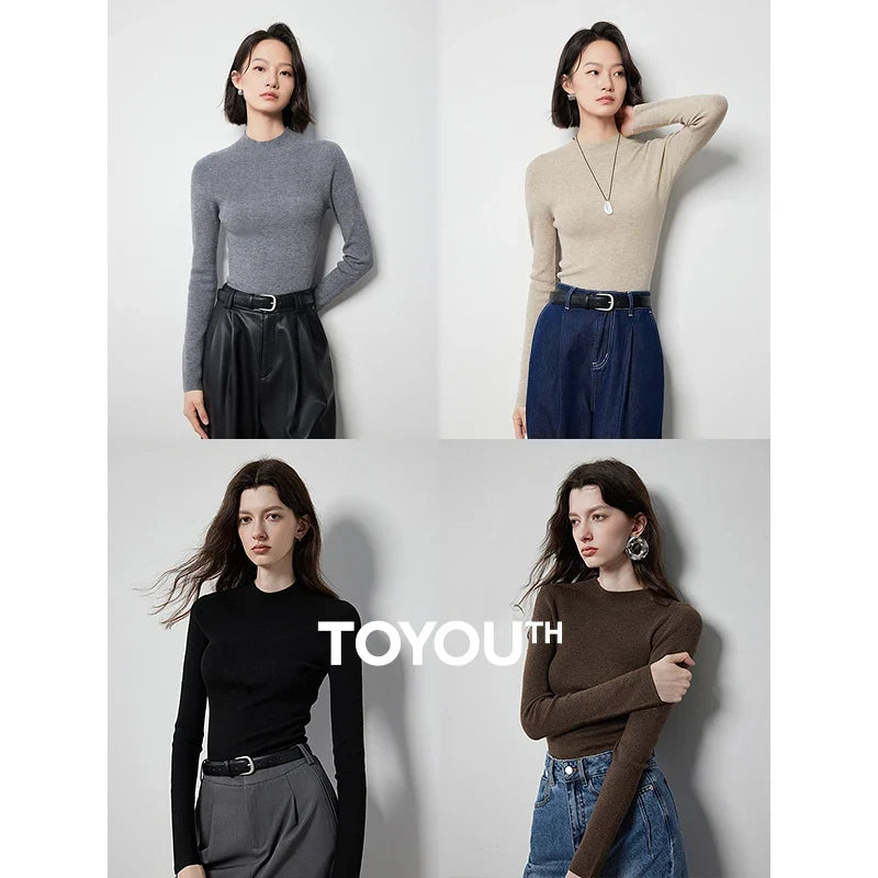 Maglione sottile casual da donna a maniche lunghe con collo alto a coste