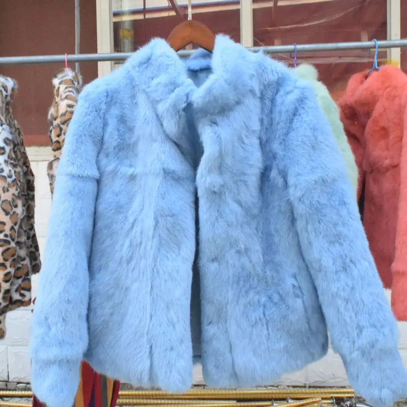 Veste courte femme en fourrure synthétique élégante, col montant, manches longues