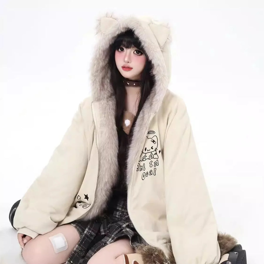Damenkapuzenjacke mit Katzenohren und Kunstpelzbesatz
