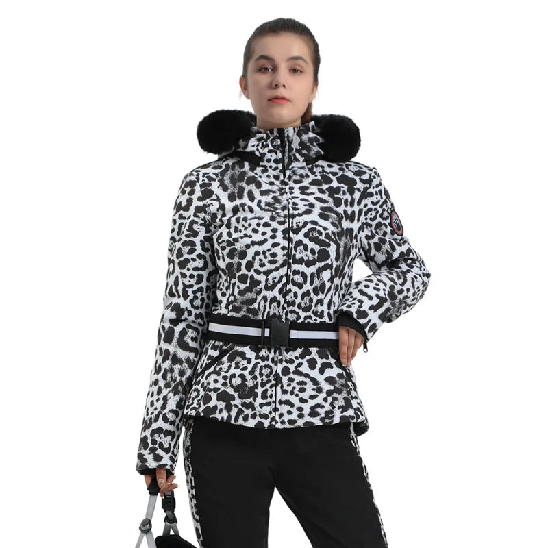 Veste de Ski Femme Motif Pied-de-Poule Noir et Beige avec Capuche et Ceinture