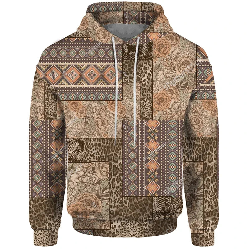 Sudadera con capucha estampada de patchwork con motivos geométricos y florales rojos y beige