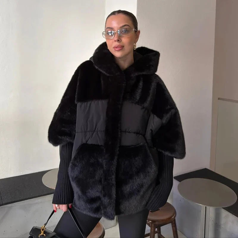 Manteau Femme Hiver Doux Capuche Panneaux Fausse Fourrure Matelassé Manches Longues