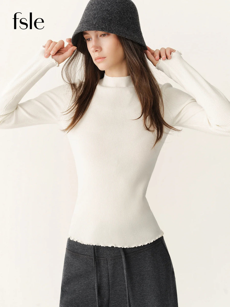 Top acanalado de cuello alto y manga larga para mujer, con bordes ondulados