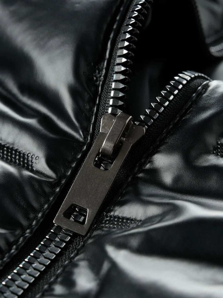 Men's shiny black quilted hooded puffer jacket with zip closure