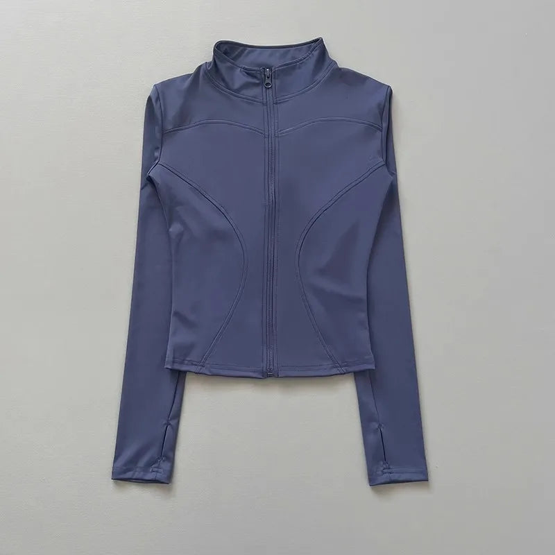 Chaqueta deportiva con cremallera para mujer, cuello alto, mangas largas y orificios para los pulgares, para entrenar