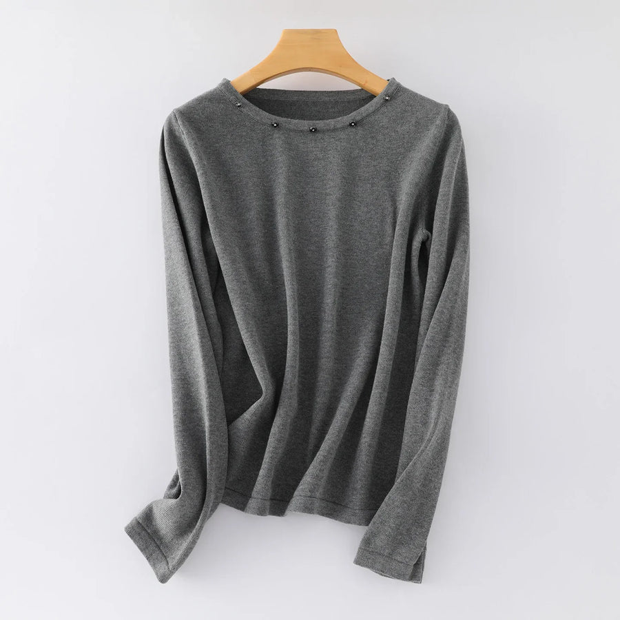 Women's fine-knit long-sleeve crew-neck top with metallic details